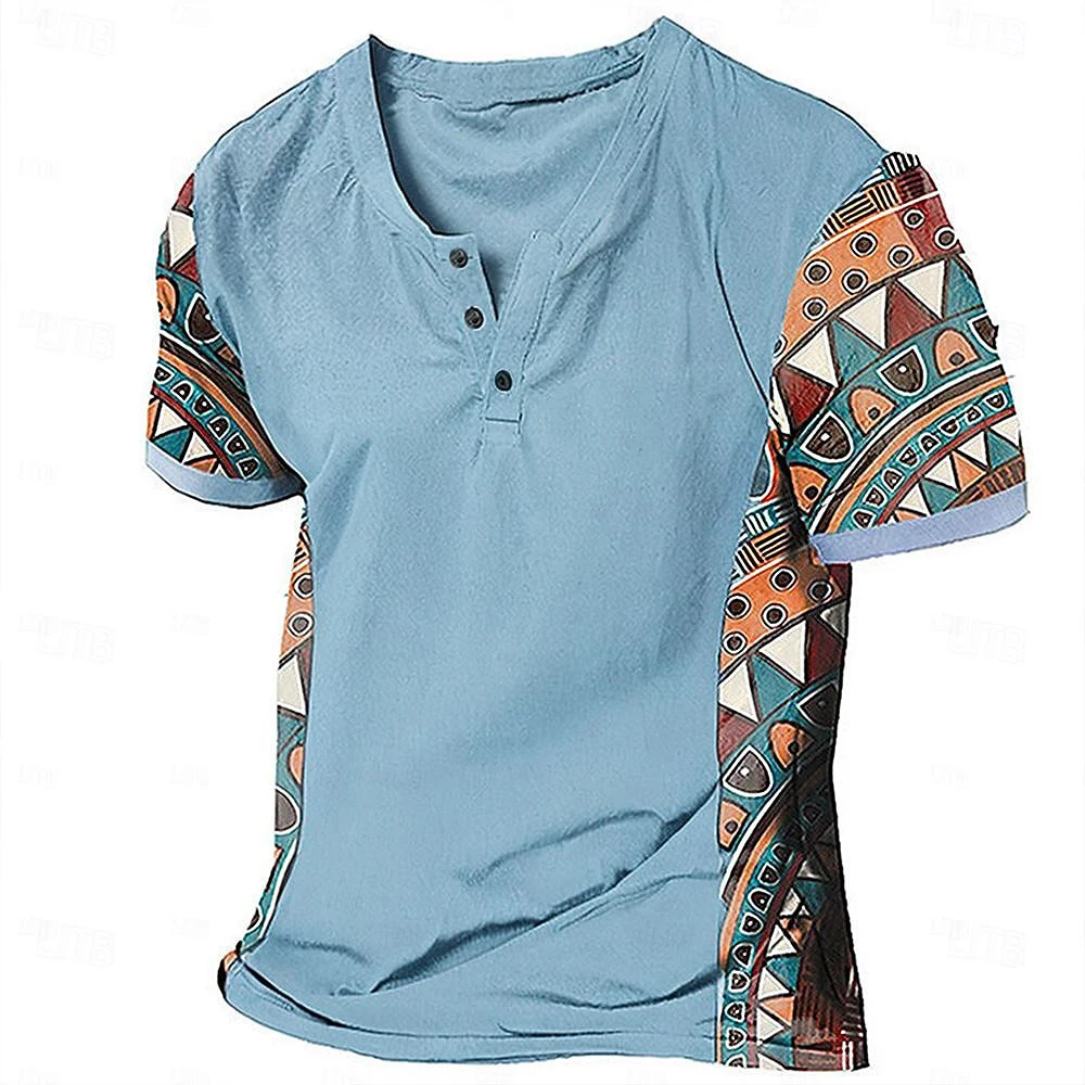 Ethnic Style Tribal 3D Printed Henley Shirts Men\'s Fashion Vintage Streetwear Button Short Sleeve T Shirt Tees Tops Man Clothing