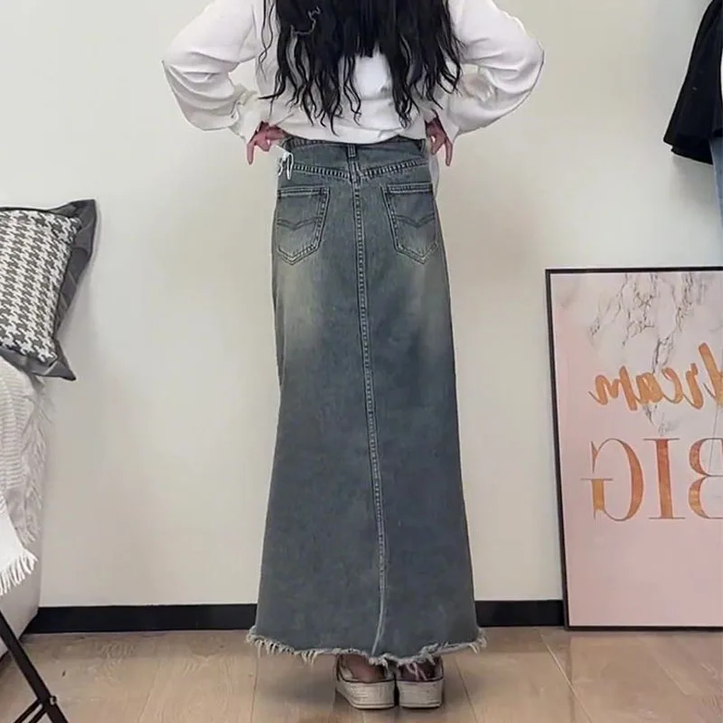 Spring Summer Fashion Vintage Denim Mermaid Skirt Women's Clothing Korean Slim High Waist A-Line Distressed Skirts for Female