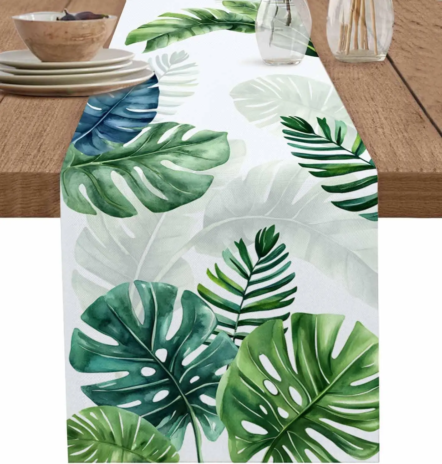 Summer Tropical Plants Palm Leaf Linen Table Runner Dresser Scarve Table Decor Farmhouse Kitchen Dining Table Runner Party Decor