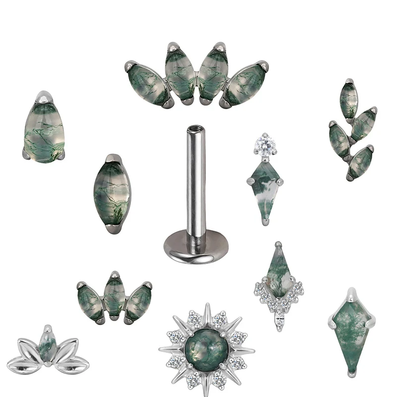 ASTM F136 Titanium PIERC Ear Lip Studs Marquise Moss Agate Stone Inlay Top Labret Threaded Tragus Earrings Body Piercing Jewelry