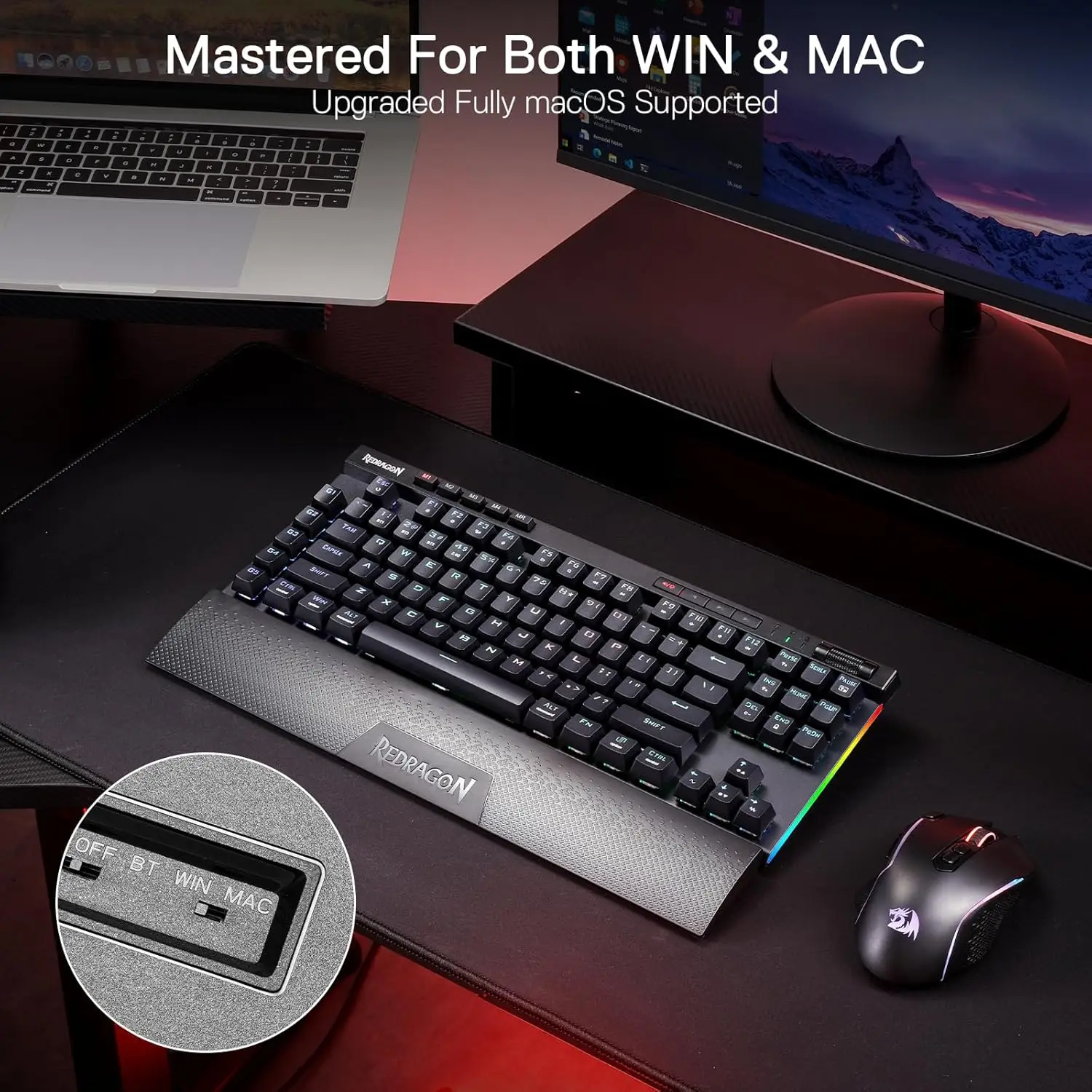 Redragon K587 PRO TKL RGB 3-Mode لوحة مفاتيح ميكانيكية لاسلكية 87 مفتاحًا للألعاب، مسند معصم قابل للفصل، مفاتيح حمراء خطية قابلة للتبديل السريع