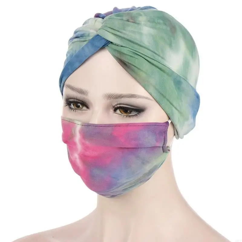2x Stretch Turban Hat Muslim Twist Hood Mask Set Sleep Cap for Home for Sun Prot