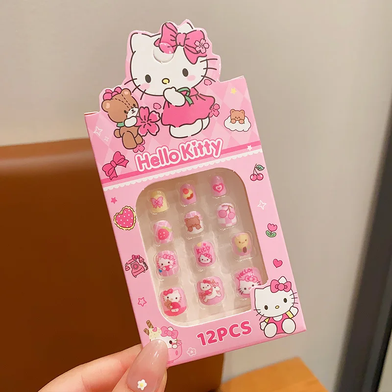 3-12 Years Old Children SANRIO Press On Nails Cartoon Anime Cinnamoroll Kuromi My Melody Short False Nails Tips Nail Cute Decors