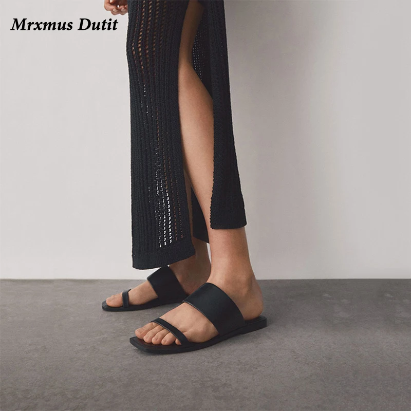 Mrxmus Dutit 2024 New Summer Fashion Genuine Leather Open Toe Flat Sandals Women Slippers Solid Simple Casual Beach Shoes Female