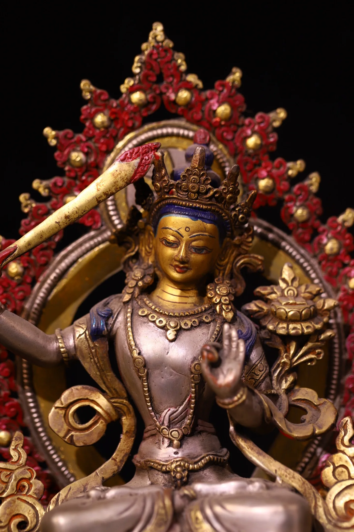 Old Tibetan Silver Gilded Filigree Painted Manjushri Bodhisattva Buddha Terrace Seated Buddha Backlight Worship Hall Town house