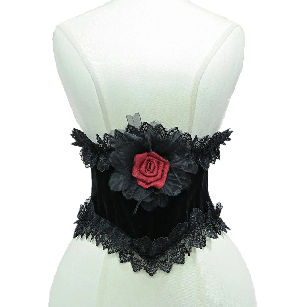 Women High Quality Underbust Corset Top Vintage Black Lace Rose Decoration Fishbone Waist Trainer Shaper Bodice Belt