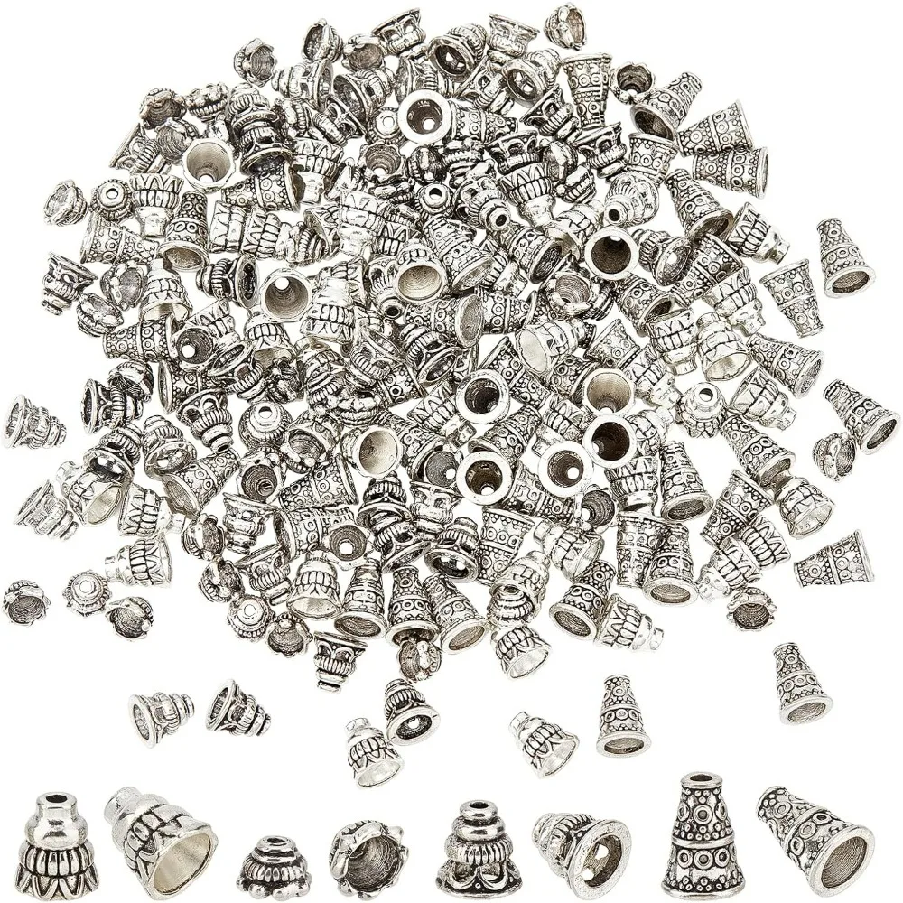 200pcs Pagoda Bead Caps, 4 Style 7.5~10mm Bead Cones Tibetan Style Bead End Spacers Alloy  Stopper Terminators