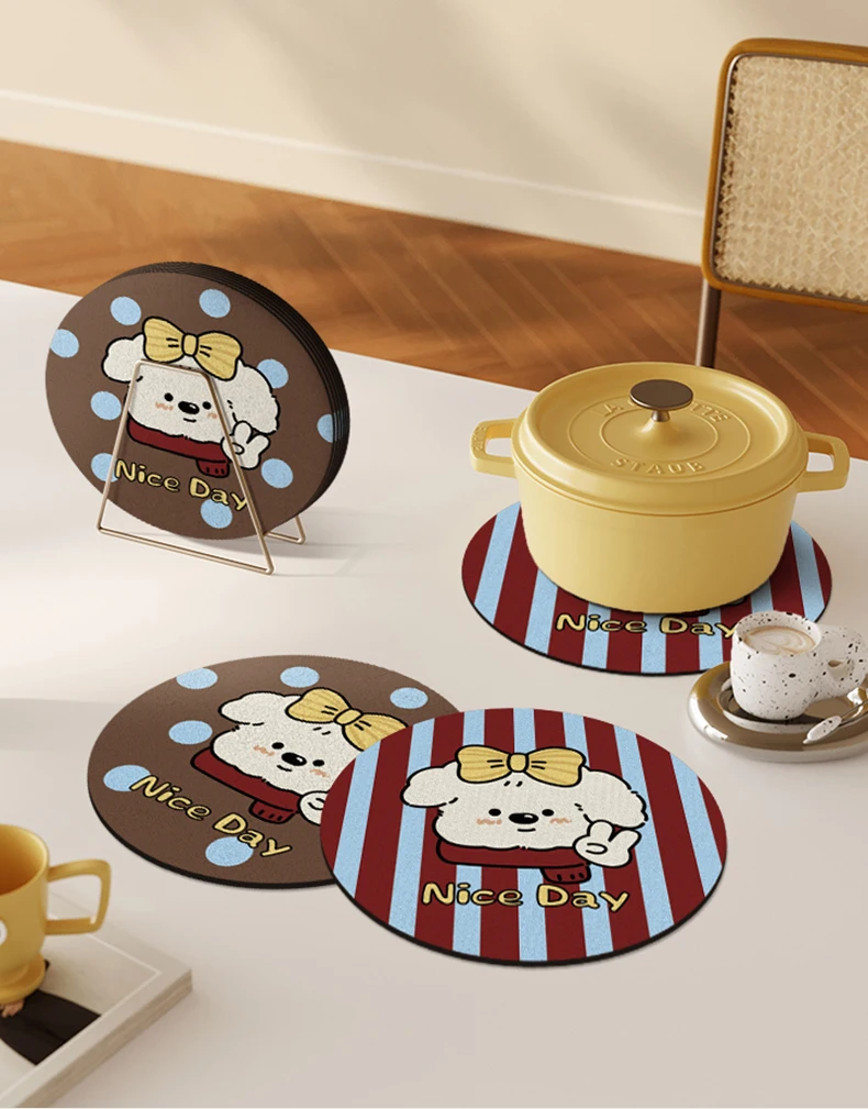 

Cartoon Puppy Leather Coasters Kitchen Countertop Mats Non-Slip Placemat Retro Absorbent Quick Dry Dish Mat Jewelry Photography