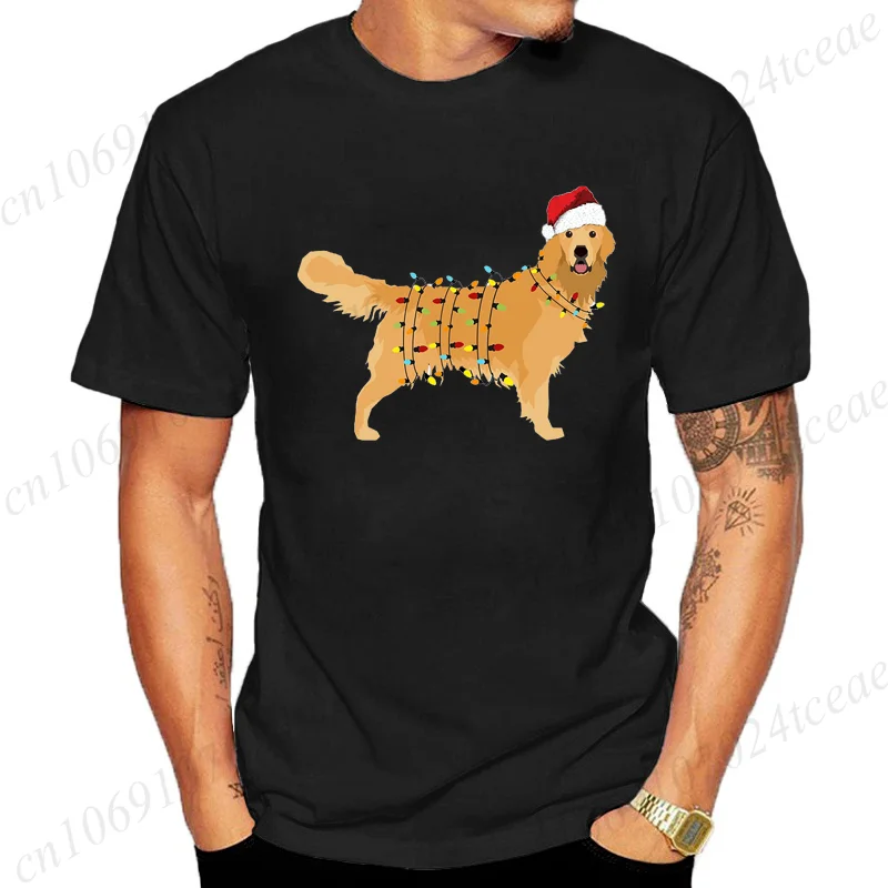 Men's Trendy Graphic Print T-Shirt Christmas Lights Golden Shirt Golden Retriever T-shirt Christmas Animal Shirt Pet Owner Tees