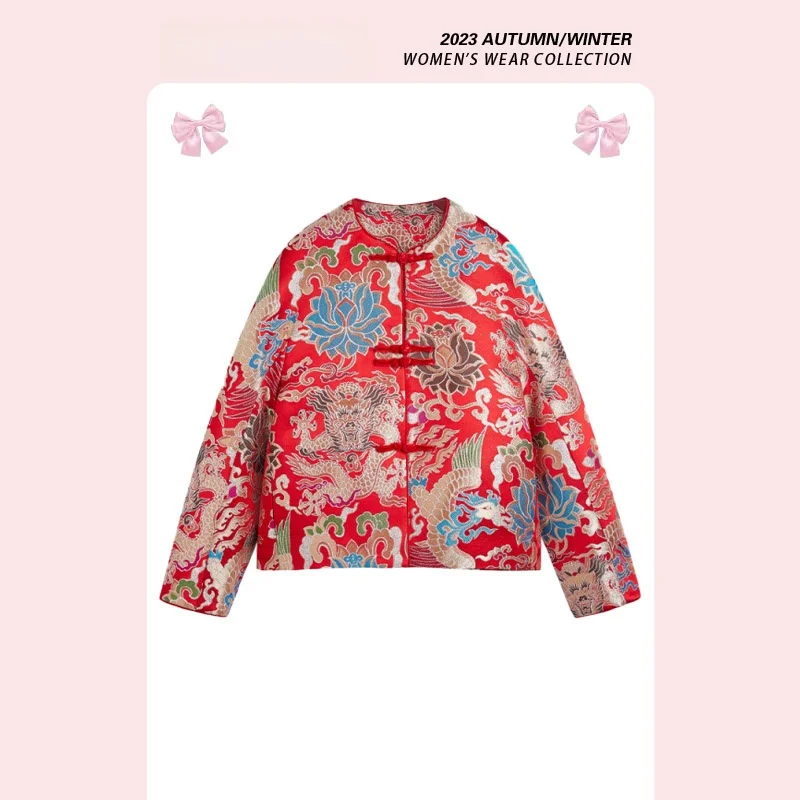 

Forever 21 Chinese Style Stand Collar Cotton Jacket Red Button Female Top High-End Sensation Autumn Season Long Sleeve Coat