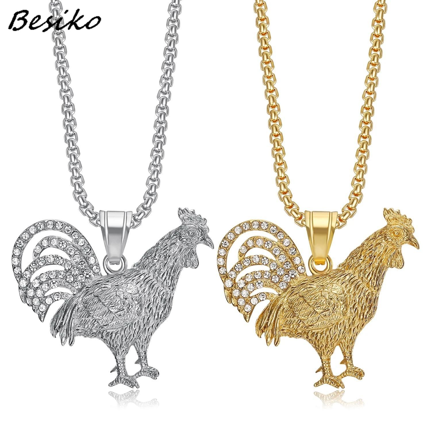 

Besiko Hip Hop Iced Out Bling Gallic Rooster Animal Chicken Pendant Necklce For Men/Women Stainless Steel French Jewelry Collier