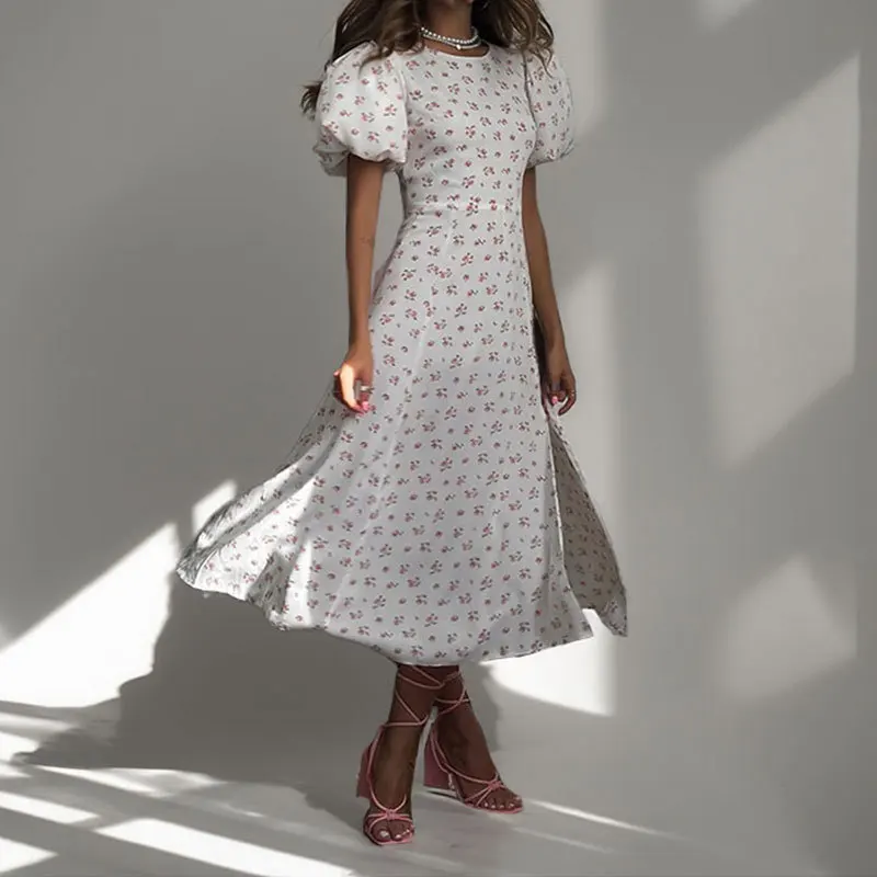 

SKMY Fashion Printed Dress 2025 Summer New Women Clothing Puff Sleeve Round Neck Hollow Out Backless Short Sleeve Dress Party