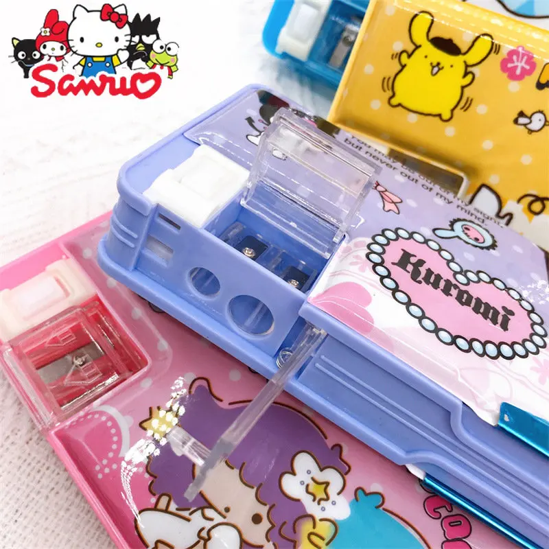 MINISO Melody Kuromi Hello Kitty Cinnamoroll Pochacco Double-sided Pen Stationery Box for Children Case with Pencil Sharpener