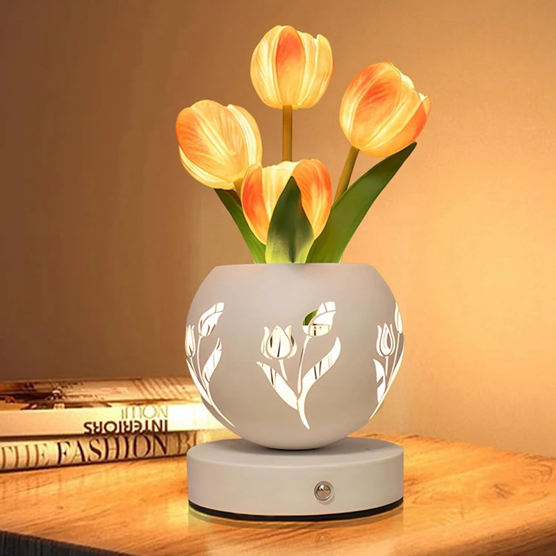 Tulip Night Light  Artificial Flower Desk Lamp With Cut-Out Vase USB Charging 3 Color Stepless Dimming Up Cute Table Lamp