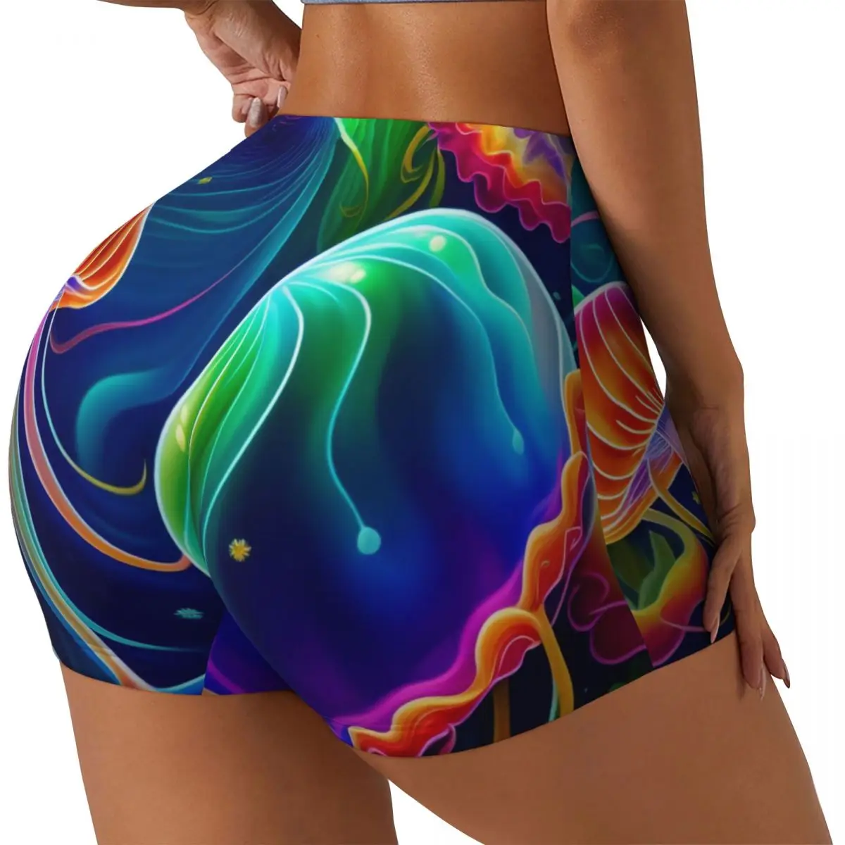 Womens Clothes Gym Push Up Short Elasticity Scrunch Butt Running Shorts Colorful Painting Jellyfish Sports Shorts