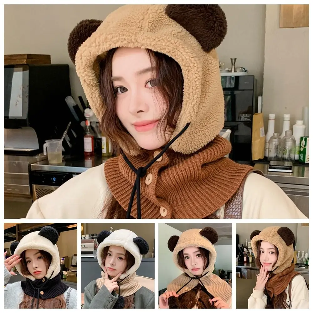 Fashion Korean Style Bear Ear Balaclava Hat Windproof Scarf Knit Hooded Hat Solid Color Keep Warm Ear Protection Hat Women