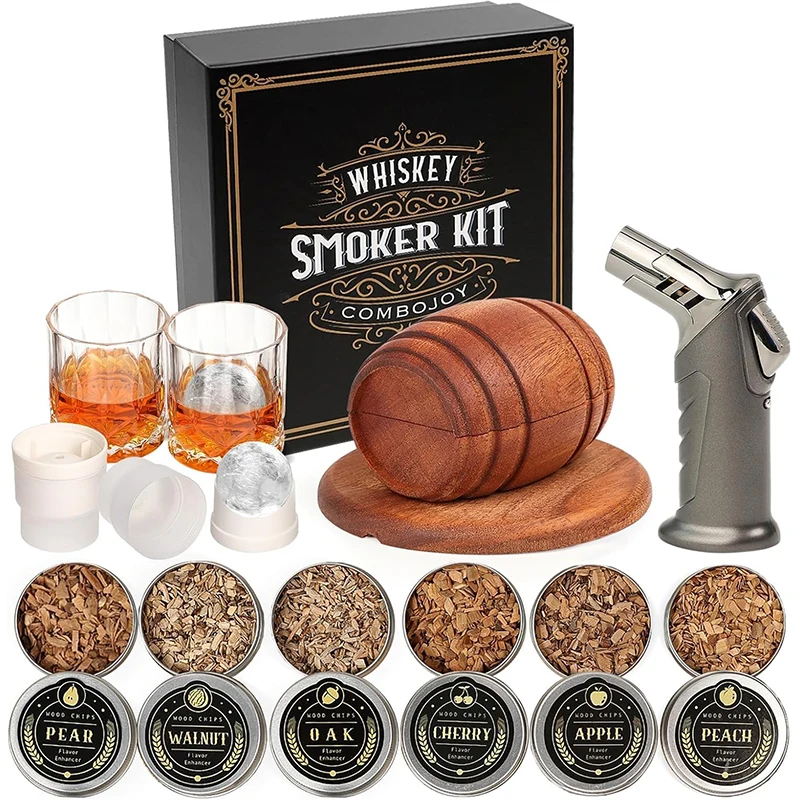 Whiskey Smoker Kit - 6 Flavors Wood Chips, 2 Glasses, 2 Ice Ball Molds - Cocktail Smoker Infuser Kit, Old Fashioned Drink Smoker