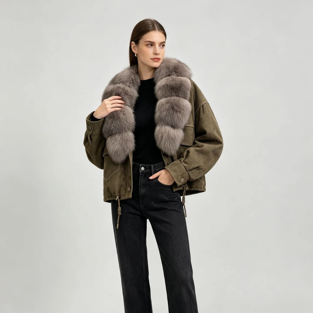 Winter New Suede Fabric Fur-coated Warm Windproof Down Padding Jacket Women's Real Fox Fur Coat Thick Casual Loose-fitting Coats