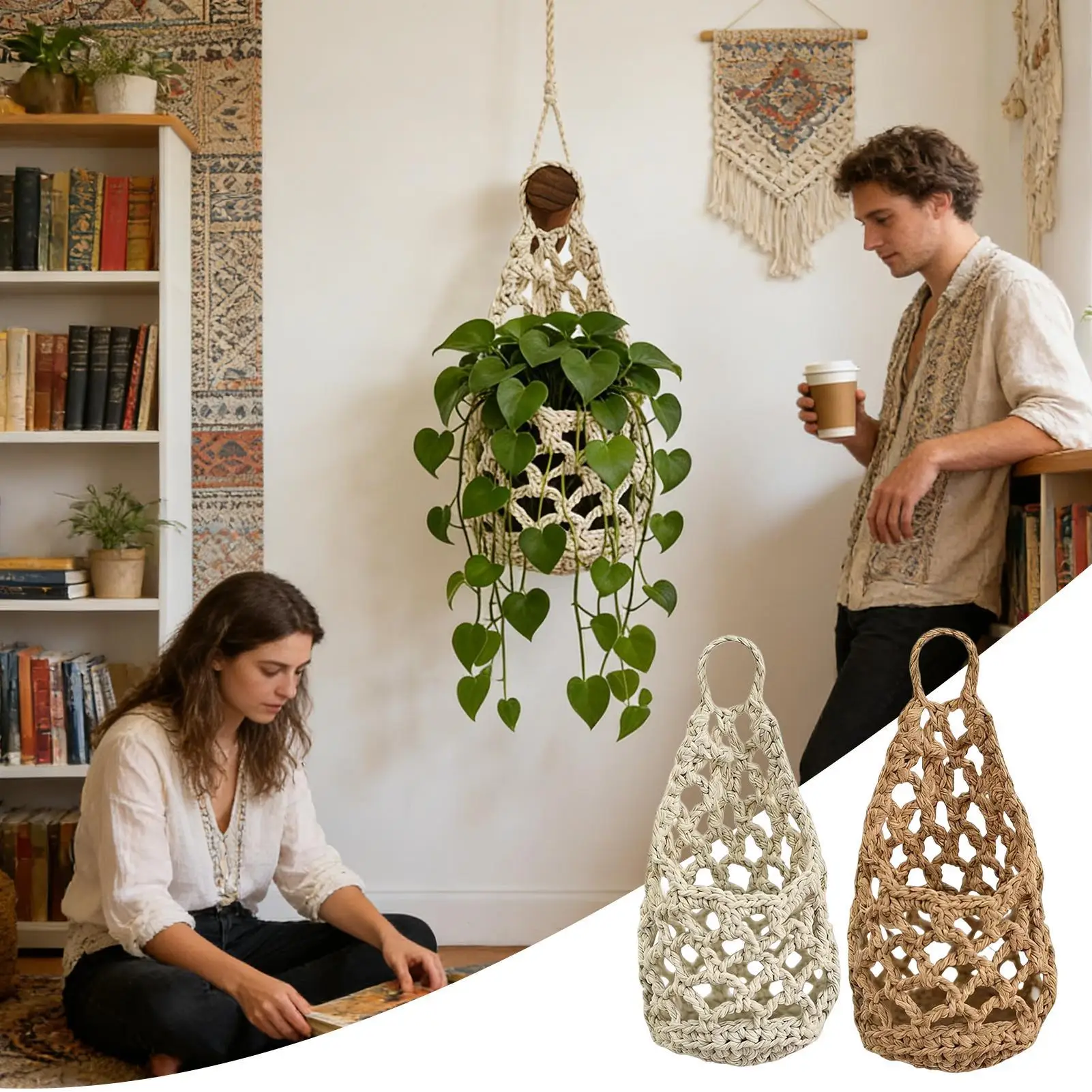 Plant Wall Hanger Handmade Woven Cotton Plant Hanging Basket Set Wall-mounted Plant Rack With Hooks Flower Pot Holder
