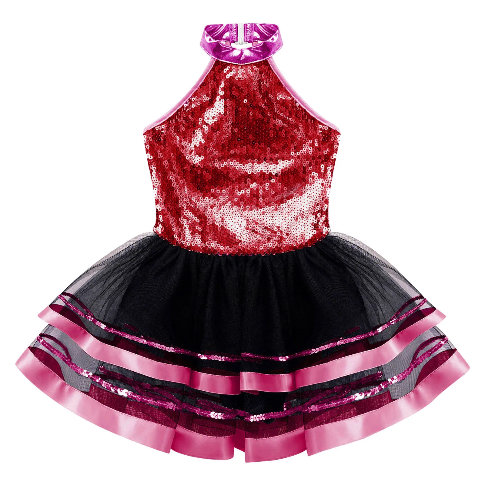 Glitzerndes Pailletten-Ballett-, Jazz- und Stepptanzkostüm für Mädchen, mit Neckholder-Oberteil und mehrlagigem Tüllrock für Wettbewerbe. – Detail 21