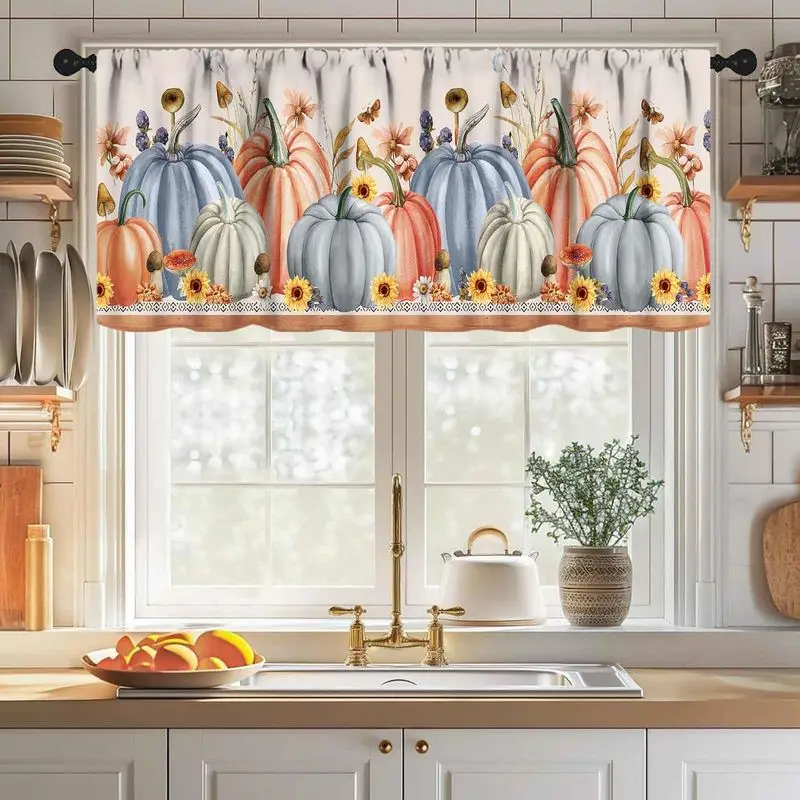 VIKAMA Fall Window Valance Colorful Pumpkin Sunflower Maple Leaf Plaid Kitchen Thanksgiving Harvest Window Decor