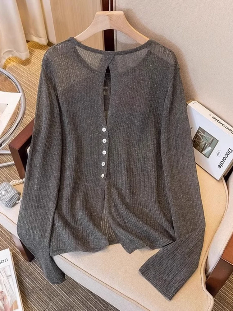 

Retro ey Long Sve Knitted Sweater Women's Summer Loose Lightweight Outerwear Sun Protection Open Cardigan Top