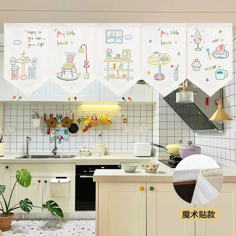Hand Drawn Home Life Triangular Hanging Curtain Cute Line Art Interior Scene Fabric Cabinet Cover Curtain for Kitchen Home Decor