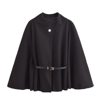 MUJER Belt Poncho Capes Women Black Cloaks Winter Coats Woman 2025 Bat Sleeve Cape Coats for Women Fashion Women's Cape Jacket 3