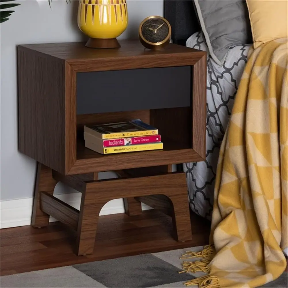 Modern 1-Drawer Wood Nightstand in Walnut Brown and Gray