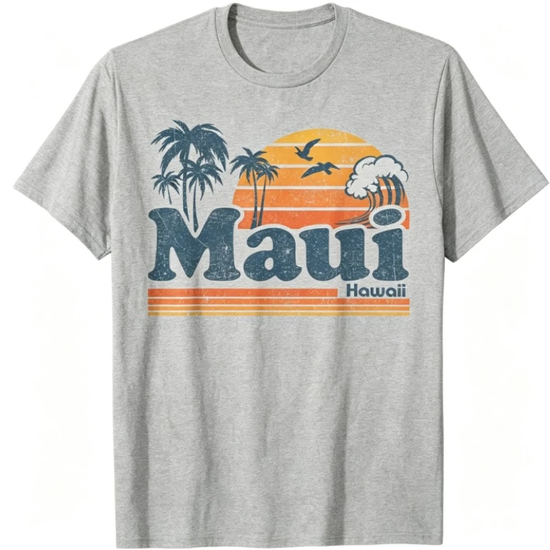 2026 Vintage Hawaii Travel T-Shirt - Maui Vintage Sunset Palm Tree Ocean Surf Pattern Round Neck Short Sleeve Unisex T-Shirt