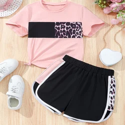 Due pezzi Summer Girl Cute Cool e traspirante Leopard Print girocollo stampato pantaloncini a maniche corte Princess Party Set abbigliamento