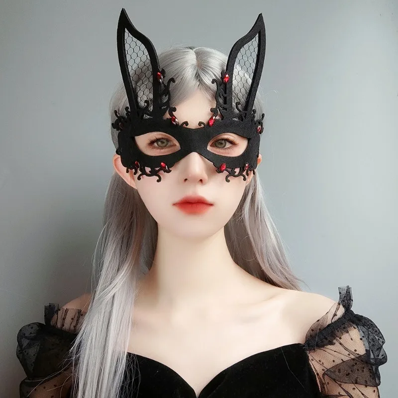 Black Flower Mask Masquerade Costume Props Half Face Mask Eye Patch Rabbit Masquerade Eyemask Bunny Ears Masquerade Face Cover