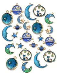 24pcs Assorted Gold- Color Plated Enamel Cat Moon Star Celestial Charm Pendant DIY For Earrings Necklace Bracelet Jewelry Making