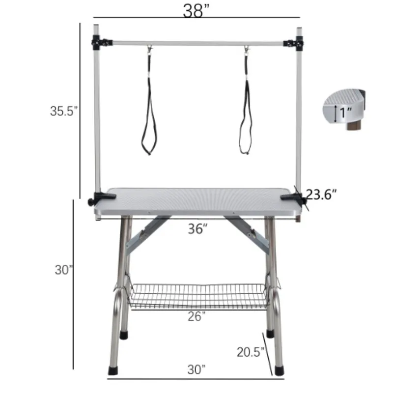 

36" Folding Dog Pet Grooming Table Stainless Steel Frame Rubber Mat on Board with Adjustable Arm and Clamps pet dog Cat Grooming