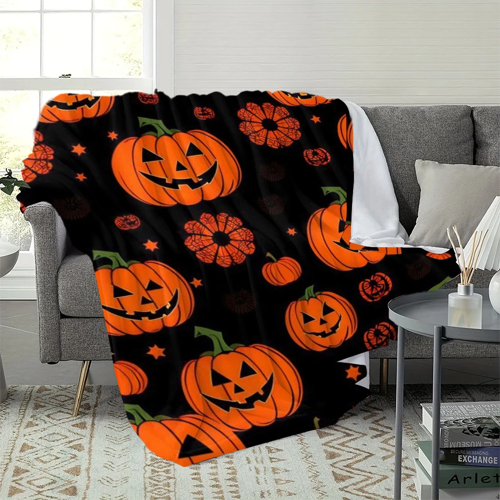 Halloween Pumpkin Throw Blanket Black Background Jack‑O‑Lantern Star Floral Print Soft Flannel Blanket Sofa Bed Holiday Home Dec