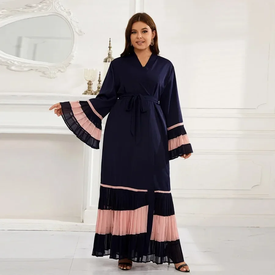 Vestido maxi longo com decote em v feminino, elegante abaya para mulheres muçulmanas, kaftan poliéster, manga logn, moda primavera e verão, 2024