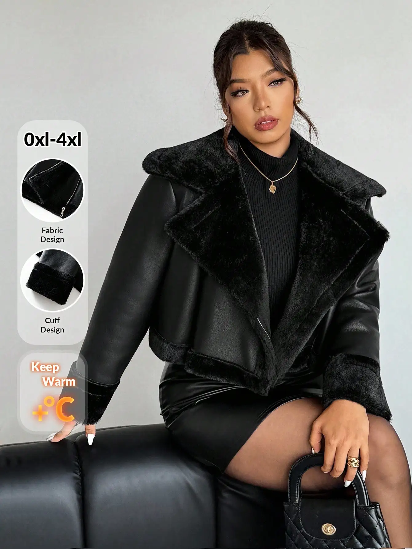 

Куртка из искусственной кожи с воротником из искусственного меха для женщин, зимнее теплое короткое пальто с дизайном манжет, размеры 0XL-4XL