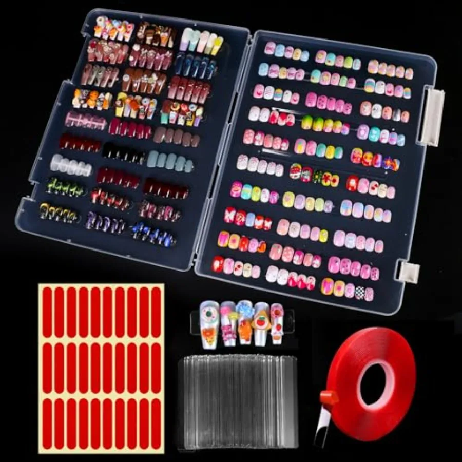

Large Clear Press on Nails Storage Box with 2 Style Adhesive Double Sided Tape and Nail Display Sticks for Nail Display Organiz