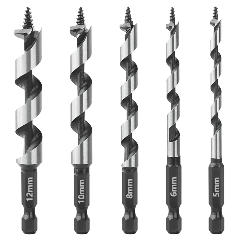 HEDA 5Pcs 5/6/8/10/12mm Woodworking Ship Auger Drill Bits 1/4'' Hex Qucik Change Shank HCS For Soft Hard Wood Hole Saw