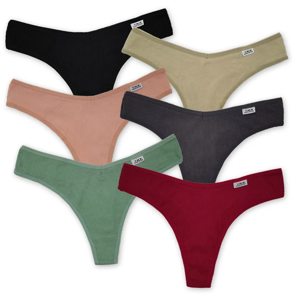 6PCS Sexy Ladies\' Seasonal Multi-color Comfortable Seamless Thong Underwear With Solid Color Ribbed Cotton  Low Waist