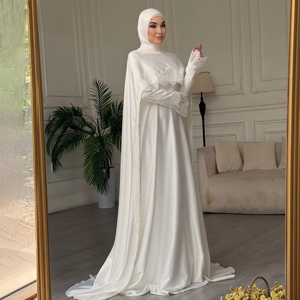 Elegant Wedding Dresses Hijab High Neck Long Sleeve Detachable Cape Muslim Satin Bride Dress A Line Lace Bridal Gowns Customized