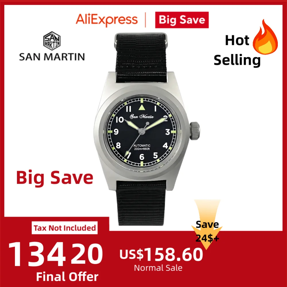 

San Martin Pilot 38 мм военные часы YN55 простые мужские автоматические механические часы водонепроницаемые 200 м люм нейлоновый ремешок SN0029GA-2