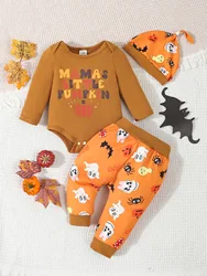 Baby Autumn Casual Halloween Suit Cartoon Cute One-piece Triangle Clothes with Long Pants and Hat 3 Piece Set