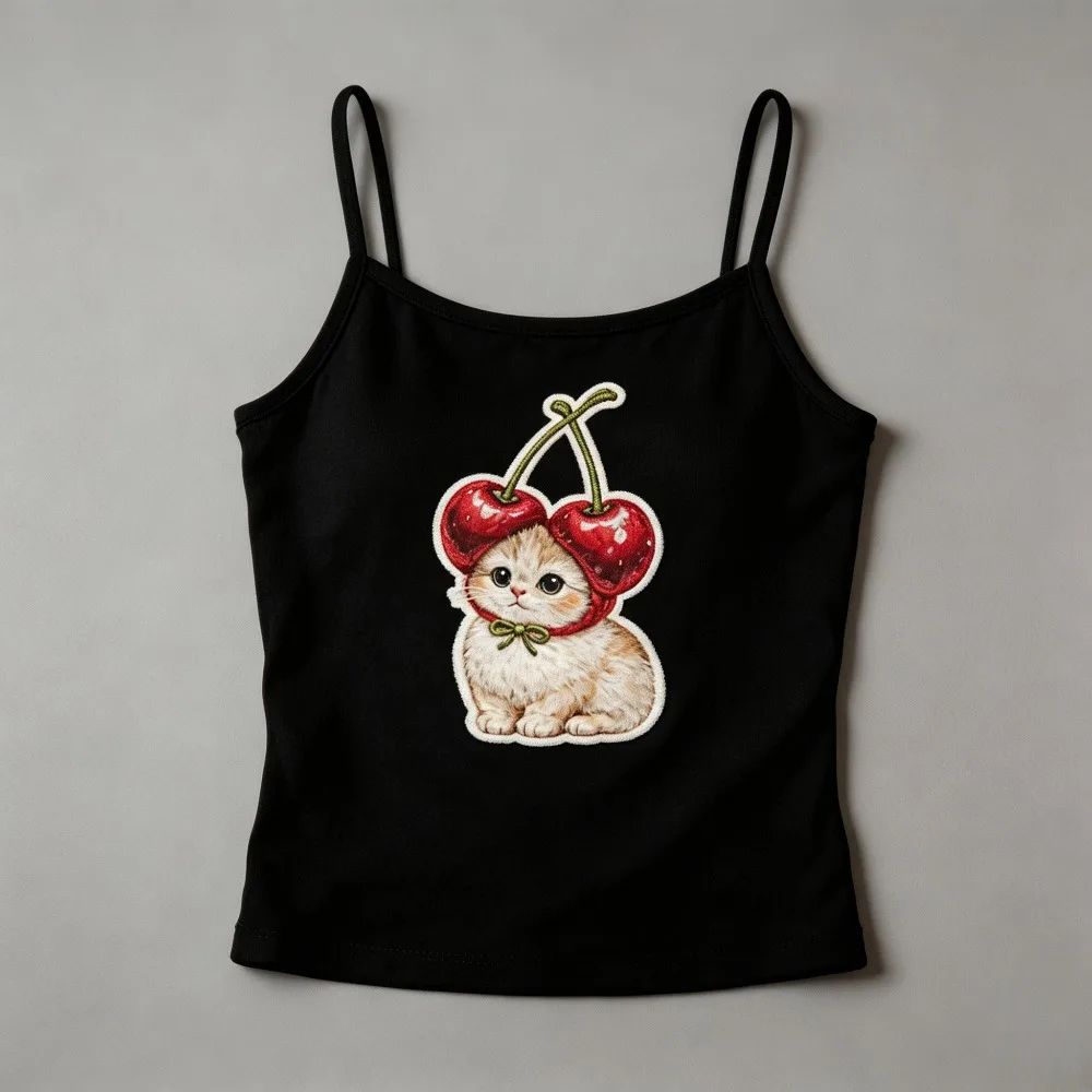 Womens Cami Top Bicolor Mascot Silhouette Realistic Red Fruit Headdress Printed Thin Shoulder Straps Crisp White Base Outwear