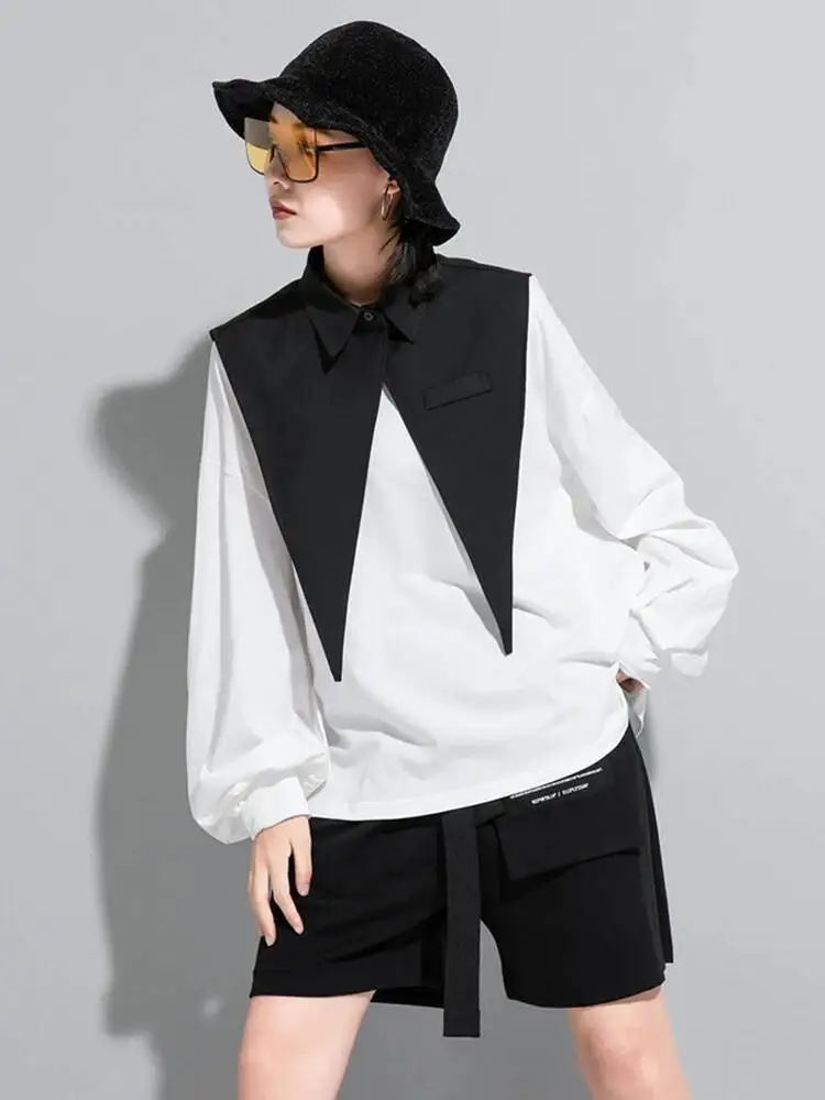 Black White Women Color-block Big Size Casual T-shirt New Lapel Long Sleeve Fashion  Spring Autumn 2026 VK2L