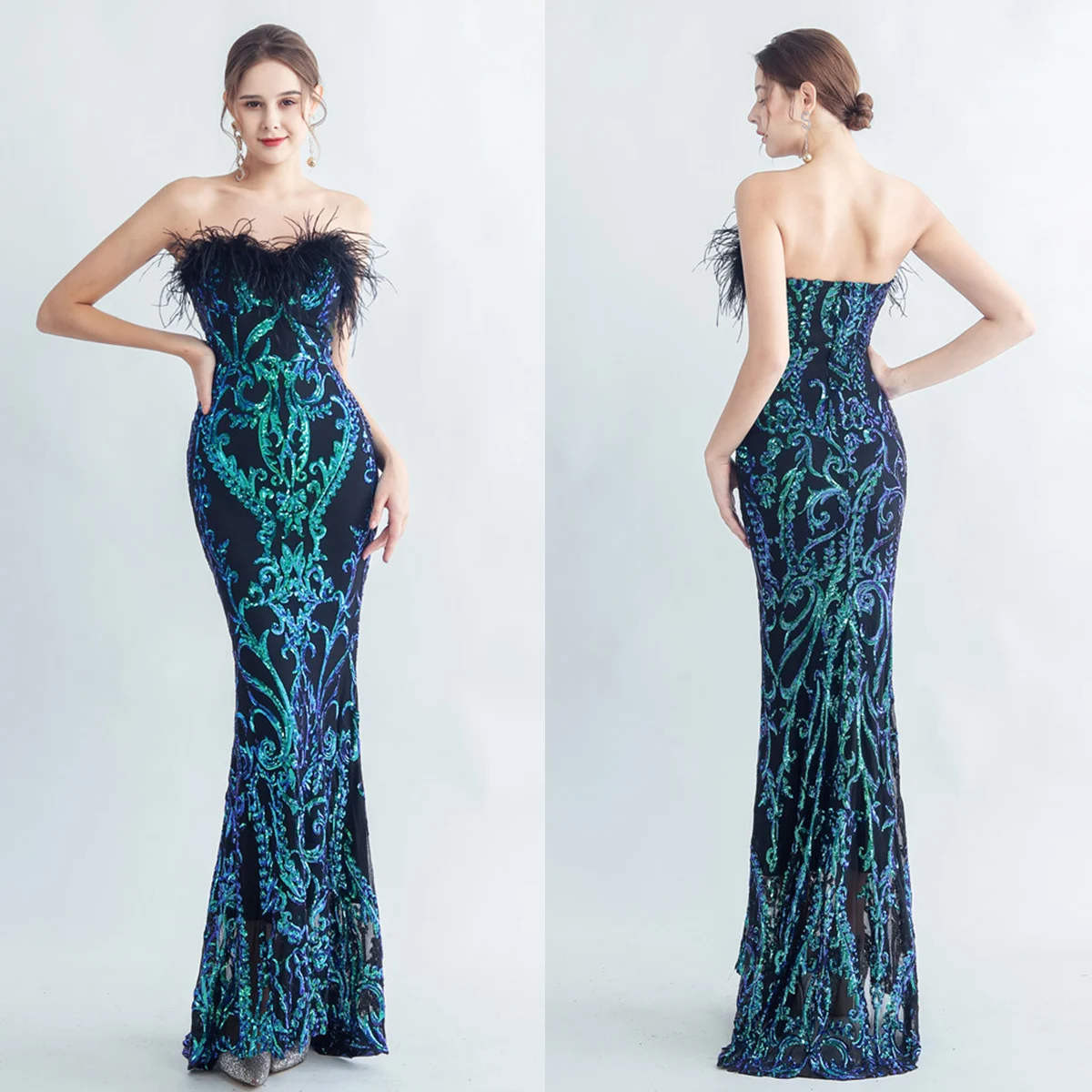 

Evening Dress Green Sequins Feather Strapless Zipper Back Mermaid Trumpet Floor Length Women Party Formal Gown YE457