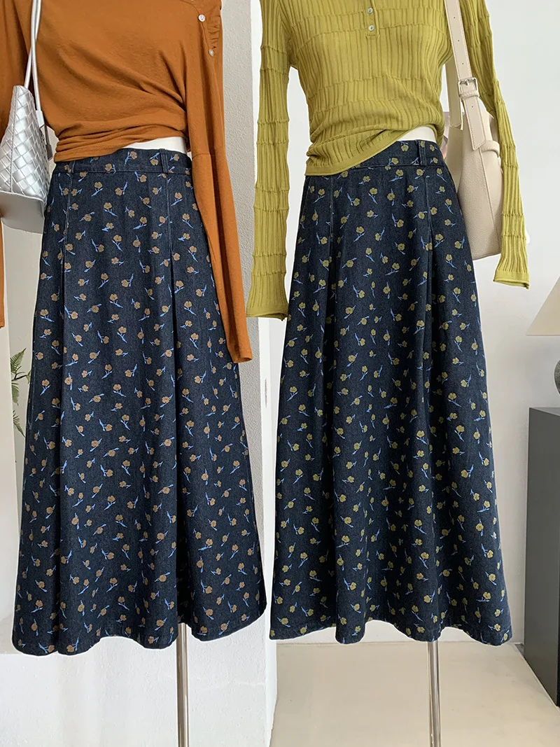 Women Denim Floral Print Midi Skirt High Waist Pleated A Line Long Skirt Vintage Retro Casual Elegant Countryside Garden Bottom
