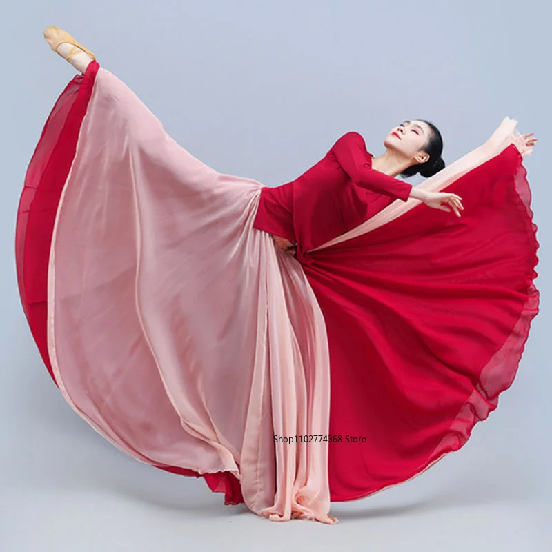 Gonna da ballo classica da donna Elegante doppia chiffon Flamenco Performance moderna Gonna altalena da palcoscenico Avvolgente Gonna eterea da 720 gradi