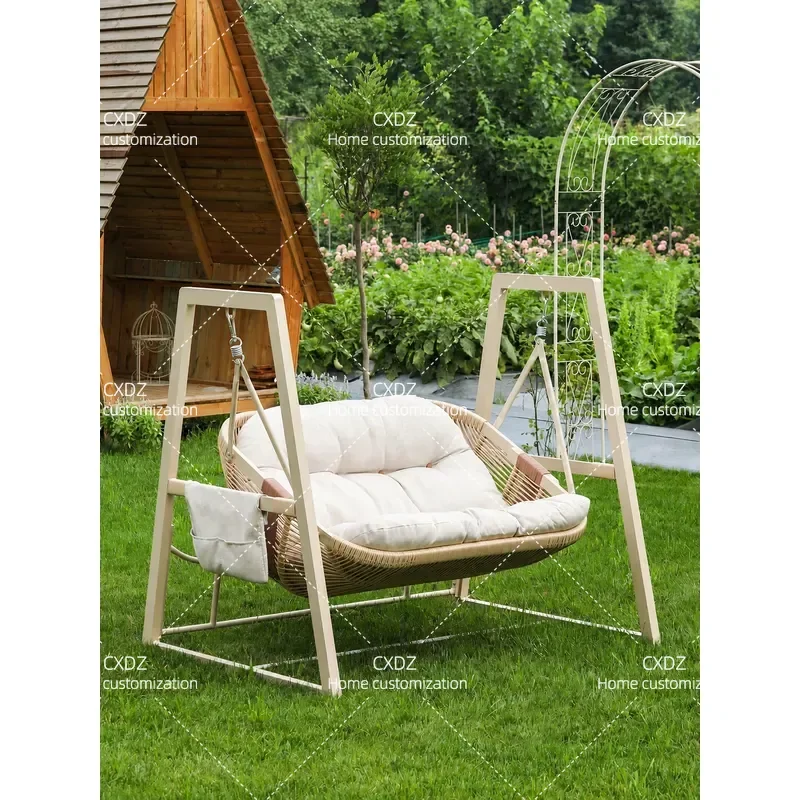 Outdoor Rattan Swing Chair Double Seating Hanging Cradle for Courtyard Villa Balcony Garden Leisure Furniture
