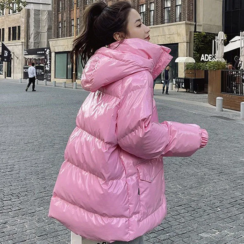Winter Female Glossy Parkas Jacket Korean Women Fashion Long Sleeved Down Cotton Outwear 2025 Ladies Hooded Cotton Padded Coat